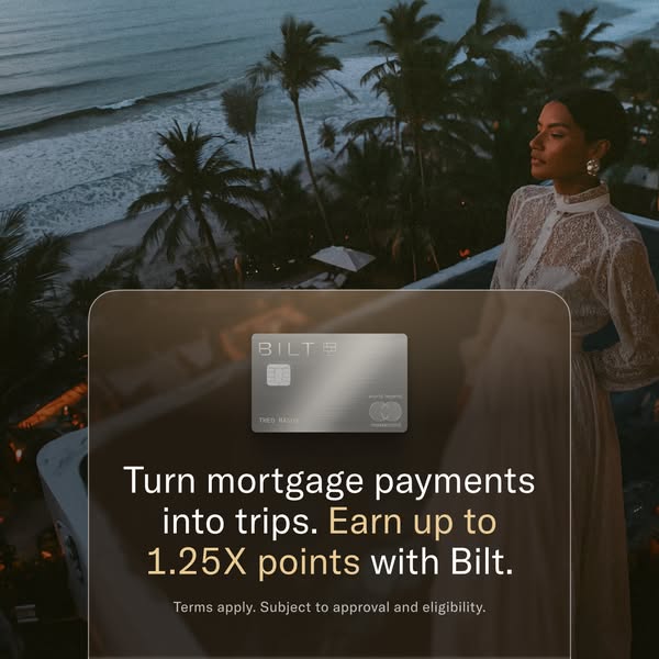 This image ad promotes the Bilt credit card by showcasing how mortgage payments can be converted into travel rewards. Th