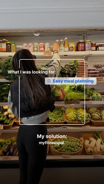 An image ad in the style of an Instagram Story shows a woman in a grocery store and shares how she uses MyFitnessPal for