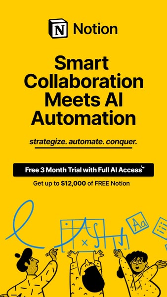 This image ad for Notion promotes smart collaboration with AI automation, offering a free 3-month trial with full AI acc