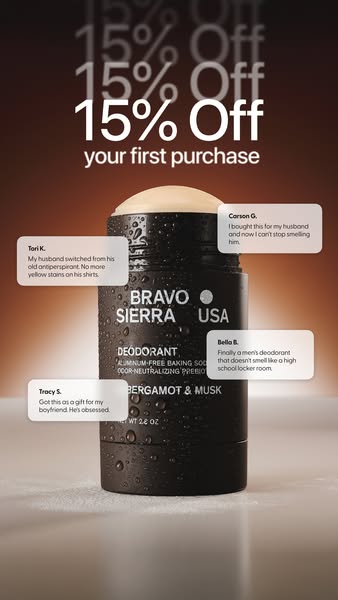 This image ad features the Bravo Sierra Bergamot & Musk deodorant and highlights customer testimonials regarding the