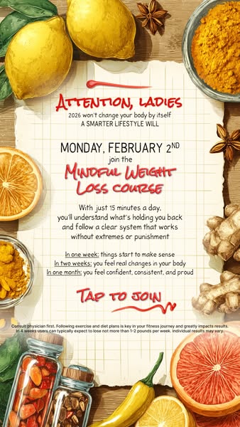 This image ad is promoting a mindful weight loss course for women. It highlights the course's benefits, such as unde