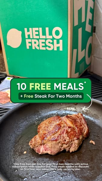 This image ad for Hello Fresh promotes a limited-time offer of 10 free meals and free steak for two months to new subscr