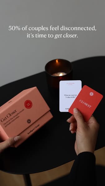 Image ad for the card game "Get Closer" which helps couples get to know each other on a deeper level. The ad e