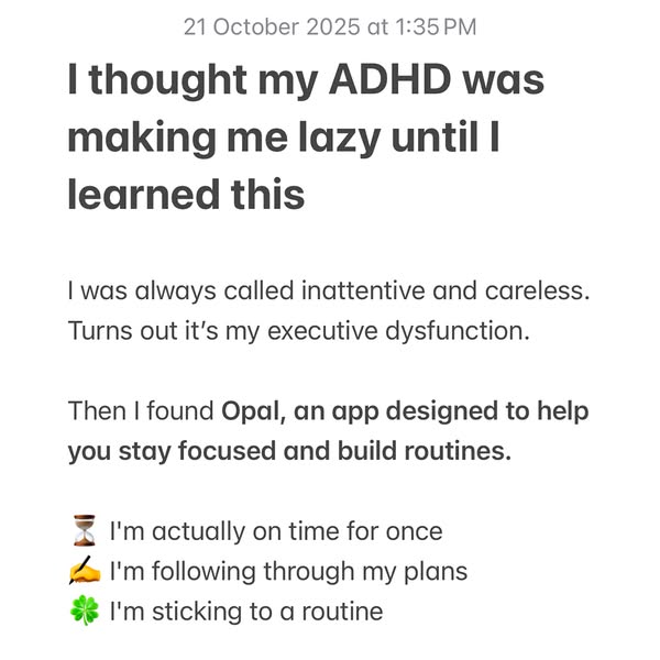 This ad uses a screenshot of a text-based testimonial to promote Opal, an app designed to help users stay focused and bu