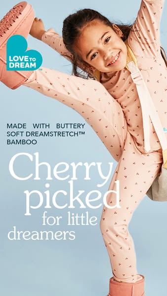 This ad showcases a young girl wearing a cherry-patterned pajama set from Love to Dream. The ad highlights the softness 