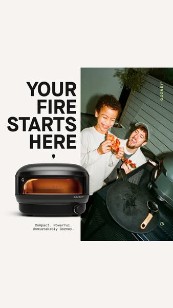 An ad showcasing the Gozney Roccbox pizza oven, highlighting its ease of use and compact design. The image combines a li