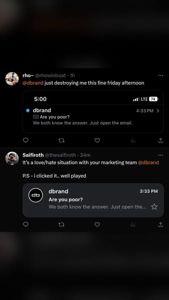 This ad is a screenshot of two separate social media posts from users talking about the brand dbrand. Both screenshots s