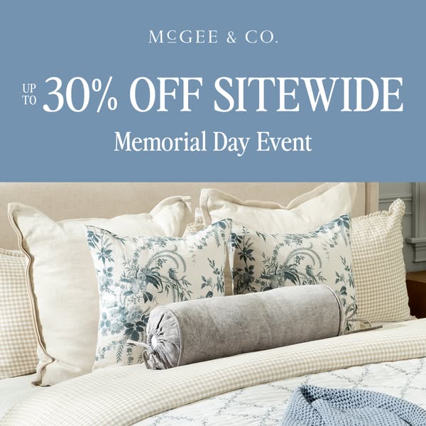 This image ad promotes a Memorial Day event with up to 30% off sitewide at McGee & Co. The image showcases a curated