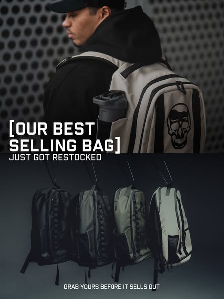 This ad promotes the restock of the brand's best-selling bag. The image features a man wearing the backpack and a pr