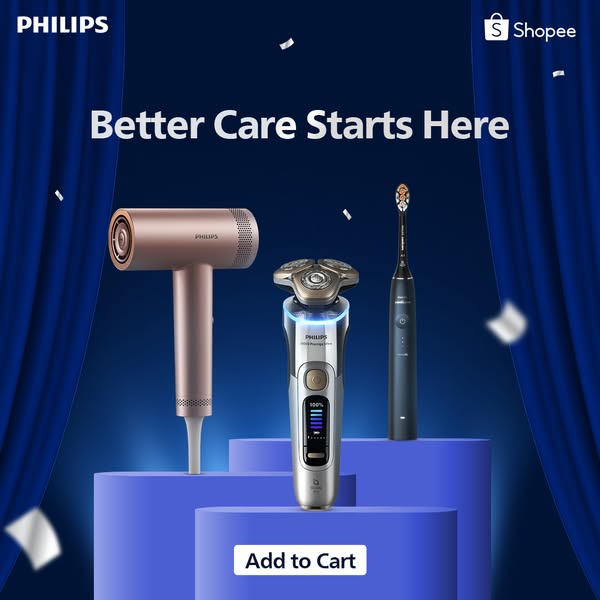 This image ad by Philips showcases three of its personal care products: a hair dryer, a shaver, and a toothbrush. The ad