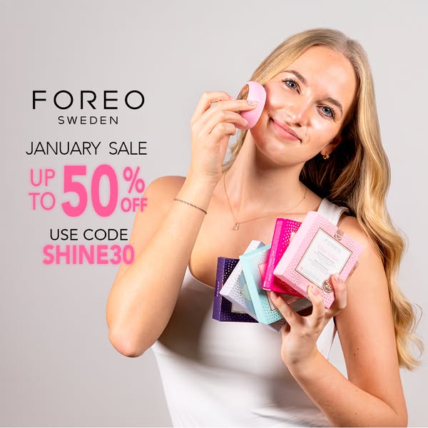 This image ad for FOREO promotes a January sale with up to 50% off using code SHINE30. A blonde woman is shown holding a