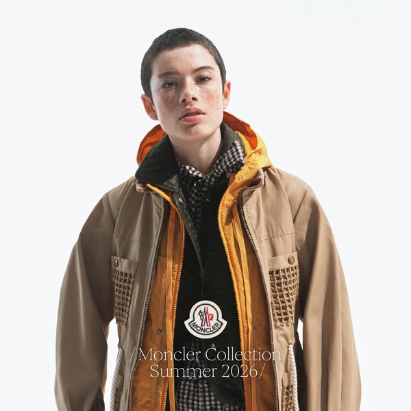 This ad promotes Moncler's Summer 2026 collection, featuring a young model wearing a jacket.