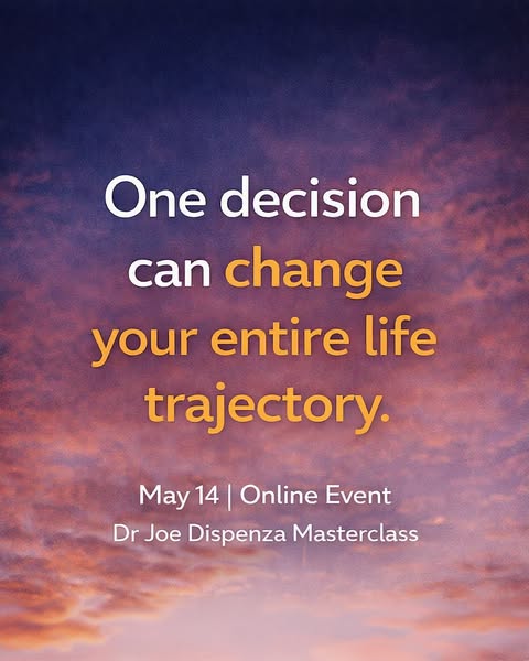 The ad promotes Dr. Joe Dispenza's Masterclass, an online event scheduled for May 14. The image features an inspirat