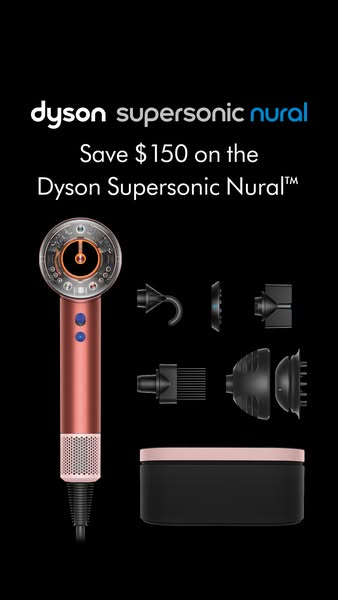 The ad showcases the Dyson Supersonic Nural hair dryer and its attachments, highlighting a limited-time discount.