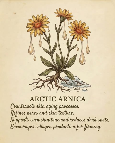 This image ad promotes the benefits of a skin care product ingredient Arctic Arnica.