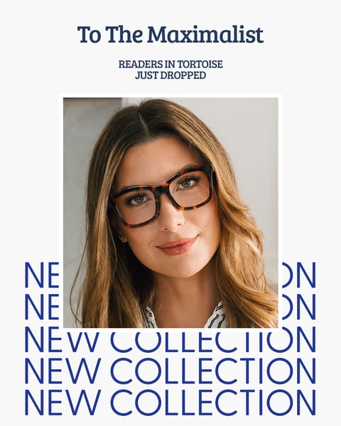 This image ad showcases a new collection of tortoise-shell glasses, targeting individuals who appreciate maximalist fash