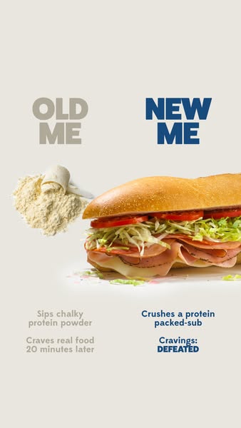 This ad contrasts an 'Old Me' who consumes chalky protein powder and experiences cravings shortly after with a &