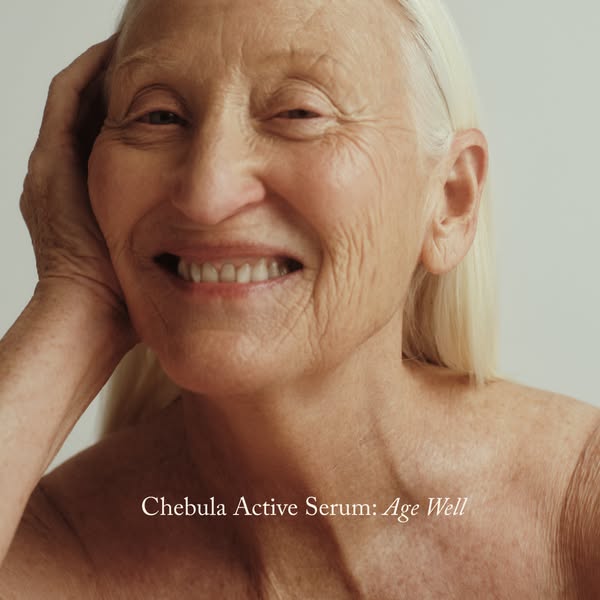 This ad features a close-up of a smiling older woman to promote a serum that helps with aging well. The ad uses soft lig