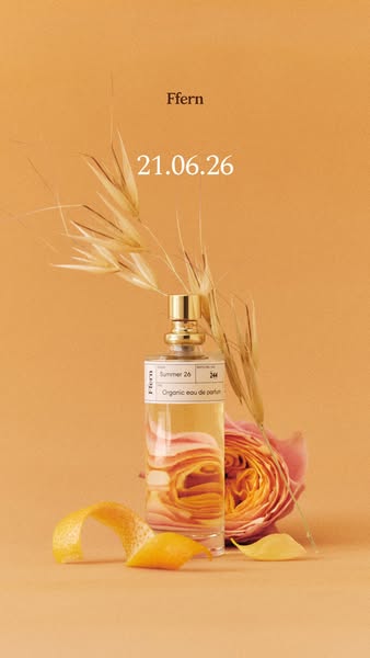 This ad showcases Ffern's Summer 26 organic eau de parfum with a minimalist aesthetic, highlighting the brand's 