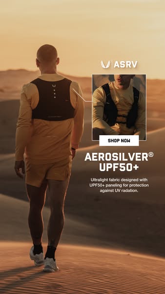 This image ad showcases ASRV's Aerosilver UPF50+ fabric apparel designed for protection against UV radiation, target