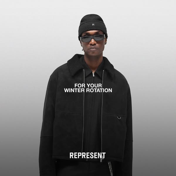 This image ad showcases REPRESENT apparel suitable for winter wear. The ad features a model wearing a jacket, shirt, and
