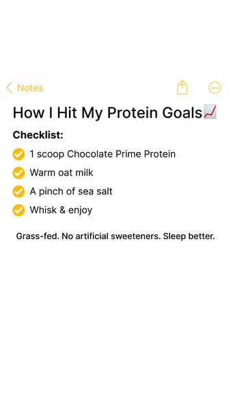 This ad shows a checklist of ingredients to make a protein drink to hit protein goals, and the drink is grass-fed with n