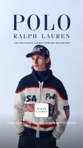 This ad showcases the Polo Ralph Lauren Team USA collection, featuring a male model wearing apparel from the line. The a