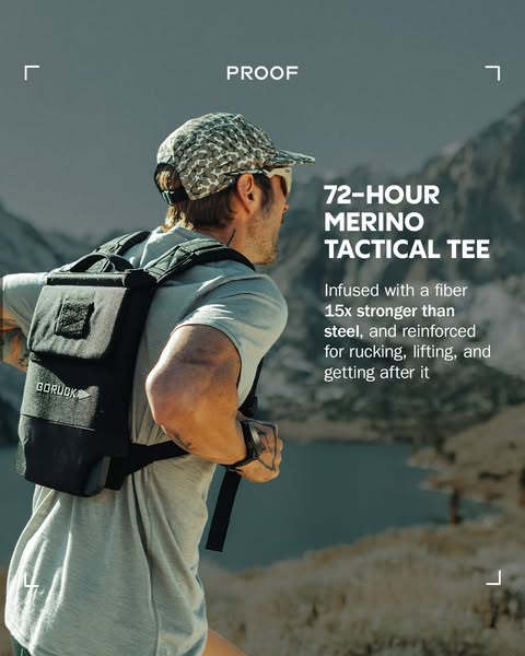 This ad showcases a man wearing a GORUCK 72-Hour Merino Tactical Tee while rucking in a mountainous environment. The ad 