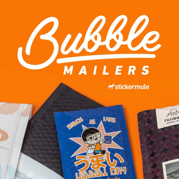 This ad showcases bubble mailers from Sticker Mule. The ad features a bright orange background with the brand name and p