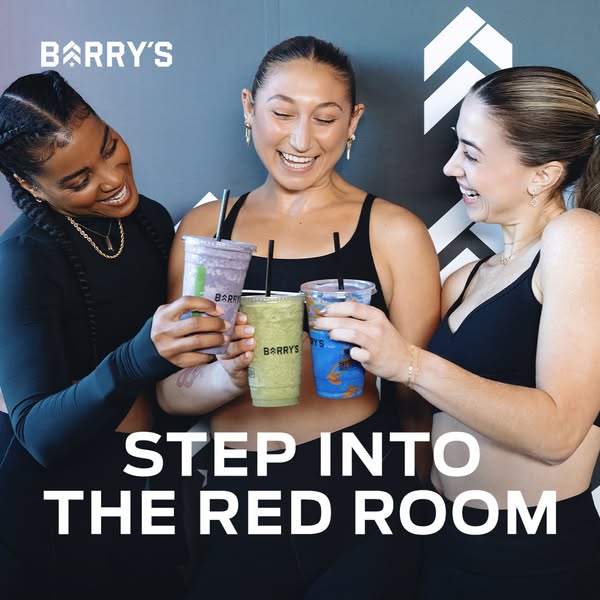 This image ad for Barry's features three women holding Barry's smoothies. The ad encourages viewers to 'Step