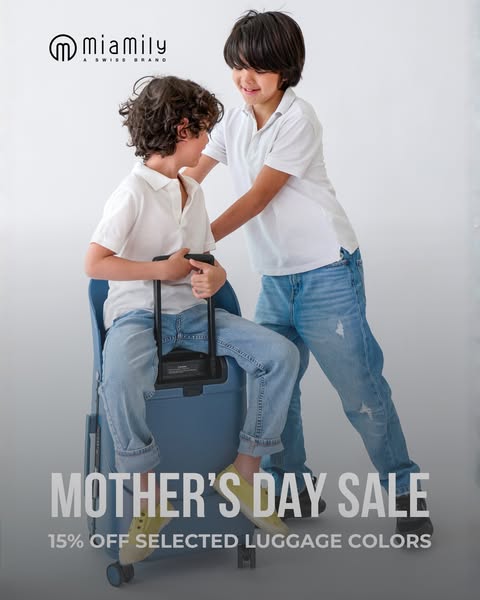 This ad for Miamily promotes a Mother's Day sale, offering a discount on select luggage colors. The visual features 