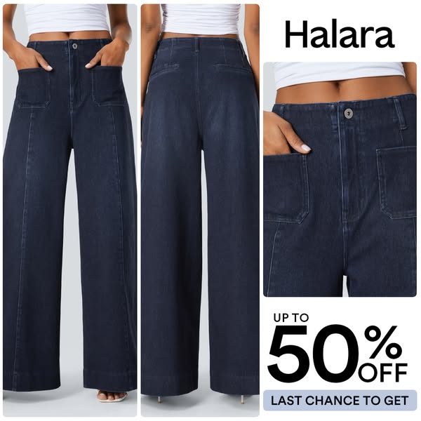 This ad for Halara features dark-wash jeans with an offer of up to 50% off and promotes last chance to get the discount.