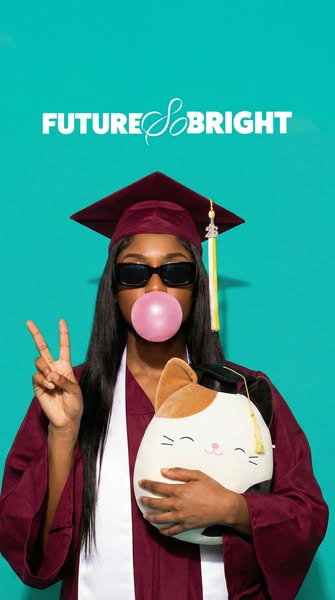 This image ad features a female graduate with a bubble gum bubble and a Squishmallow cat plush toy, with the text "