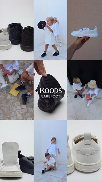 This ad uses a grid layout to showcase a line of children's minimalist sneakers from Koops. The ad visually emphasiz