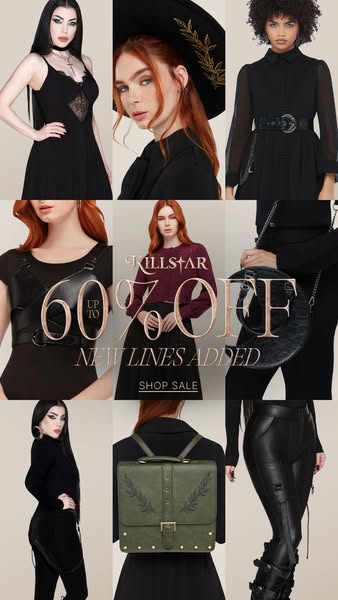 This image ad for Killstar uses a grid format to display different pieces of clothing and accessories. The ad highlights
