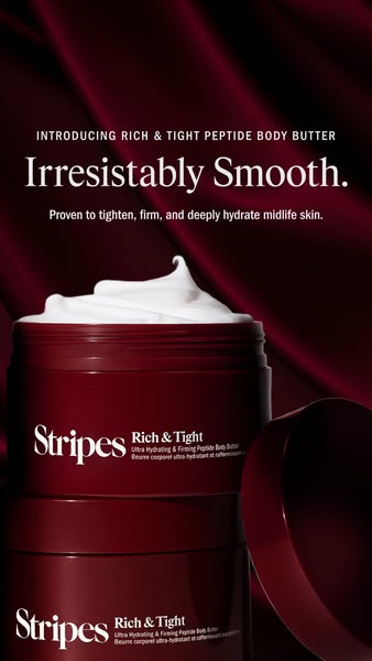 This ad showcases Stripes Rich & Tight Peptide Body Butter, emphasizing its ability to tighten, firm, and deeply hyd