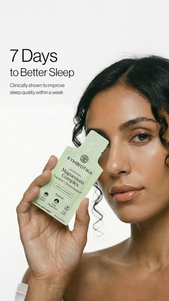 An image ad promoting Cymbiotika Liposomal Magnesium Complex, highlighting its ability to improve sleep quality within a