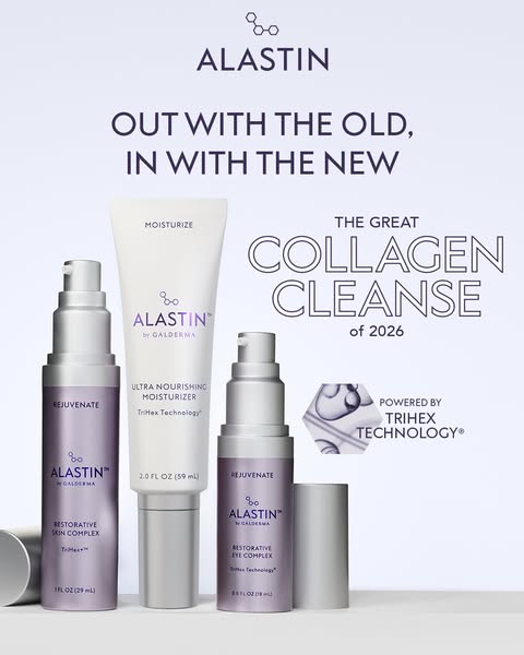 This image ad shows three Alastin skin care products lined up in a row, with text above promoting 'The Great Collage