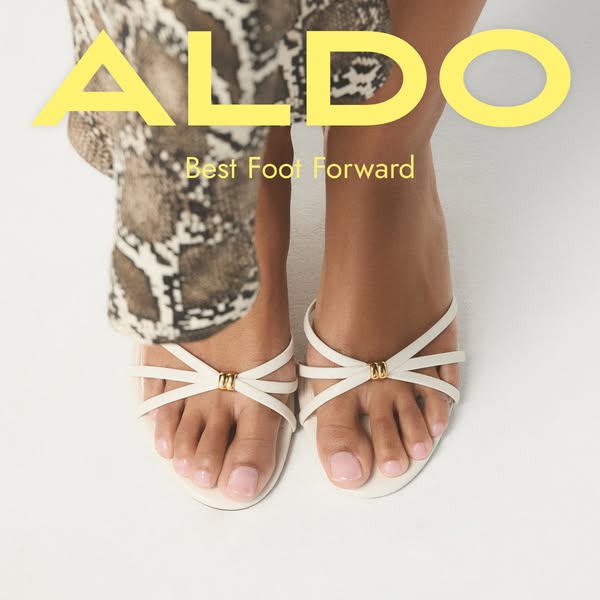 This ad showcases a close-up view of ALDO sandals. The image and text highlight the shoe's style and design.