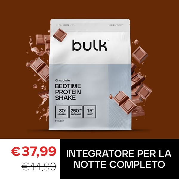 This image ad promotes Bulk's chocolate-flavored Bedtime Protein Shake. The ad features a bag of the protein shake m