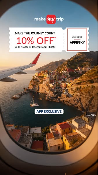 This image ad for MakeMyTrip promotes a 10% discount on international flights for app users. The ad features a view from