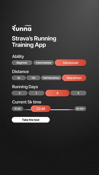 This ad promotes Runna, a running training app by Strava. The ad features an interactive quiz where users can select the