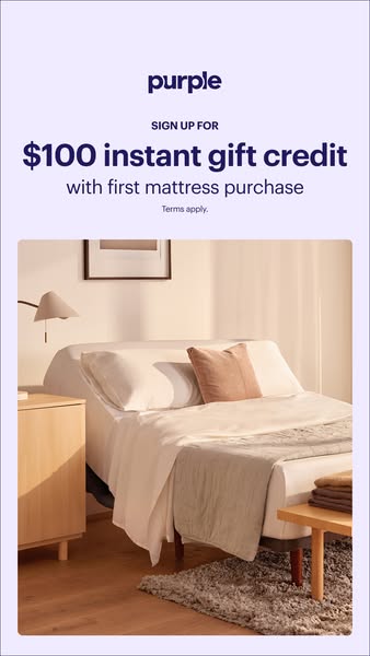 This in-feed static image ad by Purple promotes a limited-time offer for a $100 instant gift credit with the first mattr