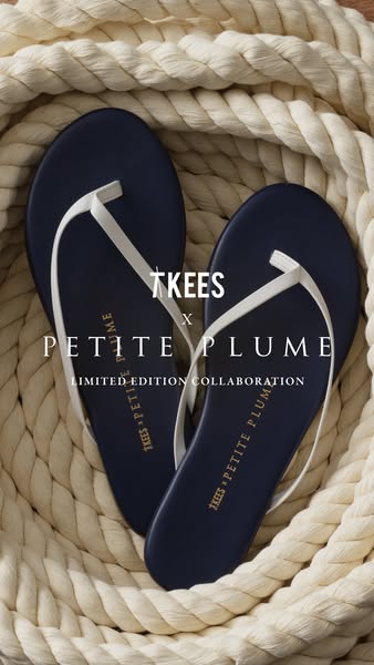 This ad showcases a pair of navy blue Tkees flip-flops, highlighting a collaboration with Petite Plume. The ad uses a cl