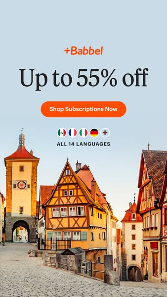 This image ad for Babbel promotes a discount of up to 55% off subscriptions. The ad features an image of a European town