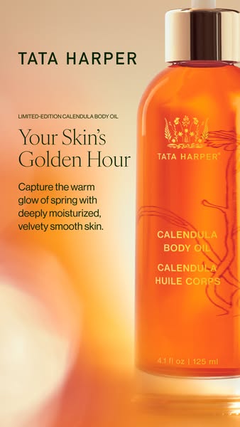 This image ad for Tata Harper promotes the limited-edition Calendula Body Oil. The ad emphasizes moisturizing and smooth