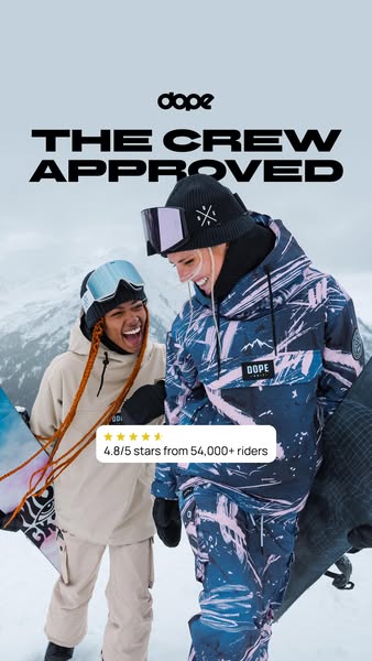This ad features two snowboarders modeling winter apparel. Text and star ratings above the image demonstrate popularity