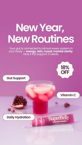 This image ad for Blume's SuperBelly Hydration Powder promotes the product as a way to support gut health, energy, s