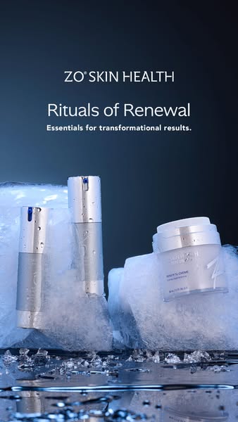 This ad showcases ZO Skin Health products, emphasizing their role in a 'Ritual of Renewal' for transformative sk