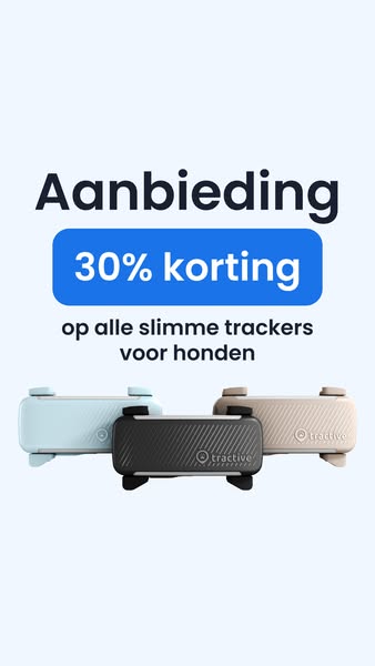 This ad showcases Tractive's offer of 30% off all trackers for dogs. The ad is simple, showing a product shot with m